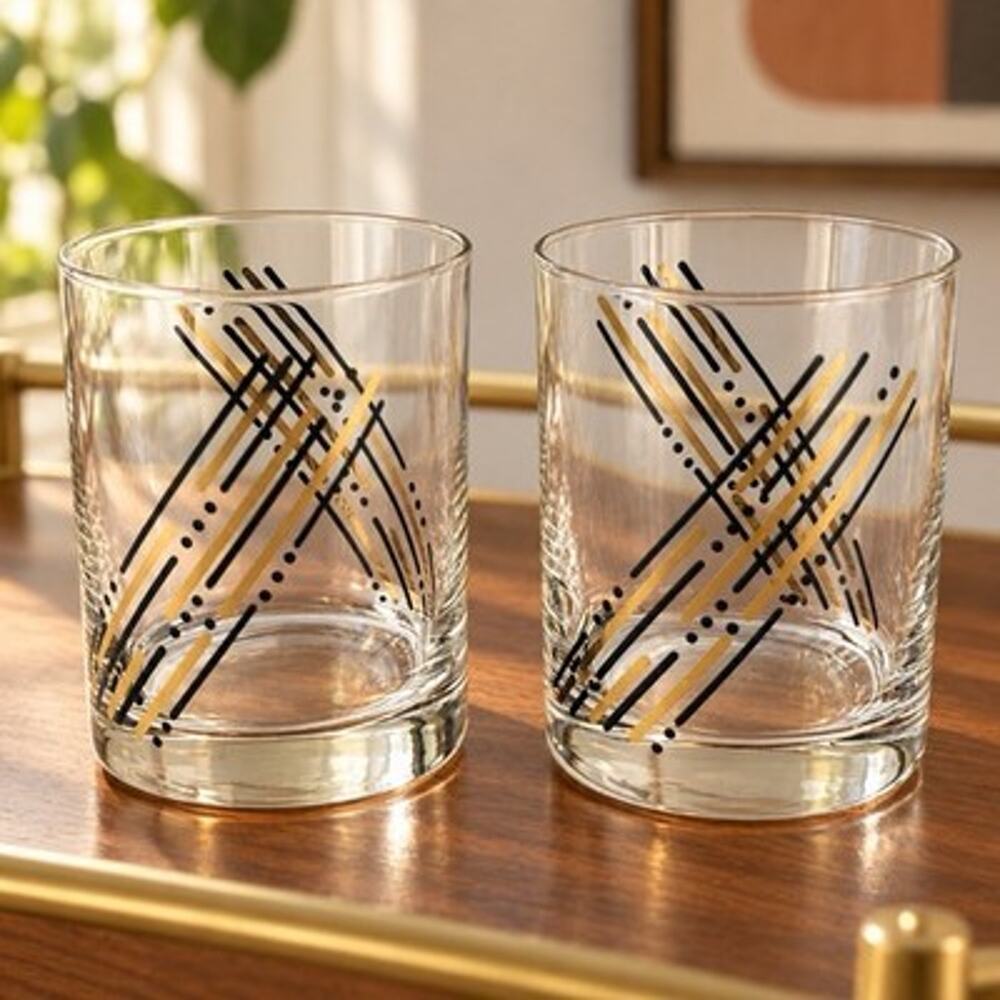 Vintage MCM Rocks Glasses Set of 2 Black Gold Atomic Geometric Tumblers